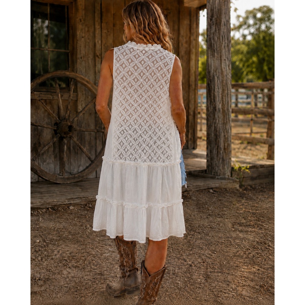 Shyanne White Open Front Tiered Ruffled Lace Duster Vest Large Country Boho